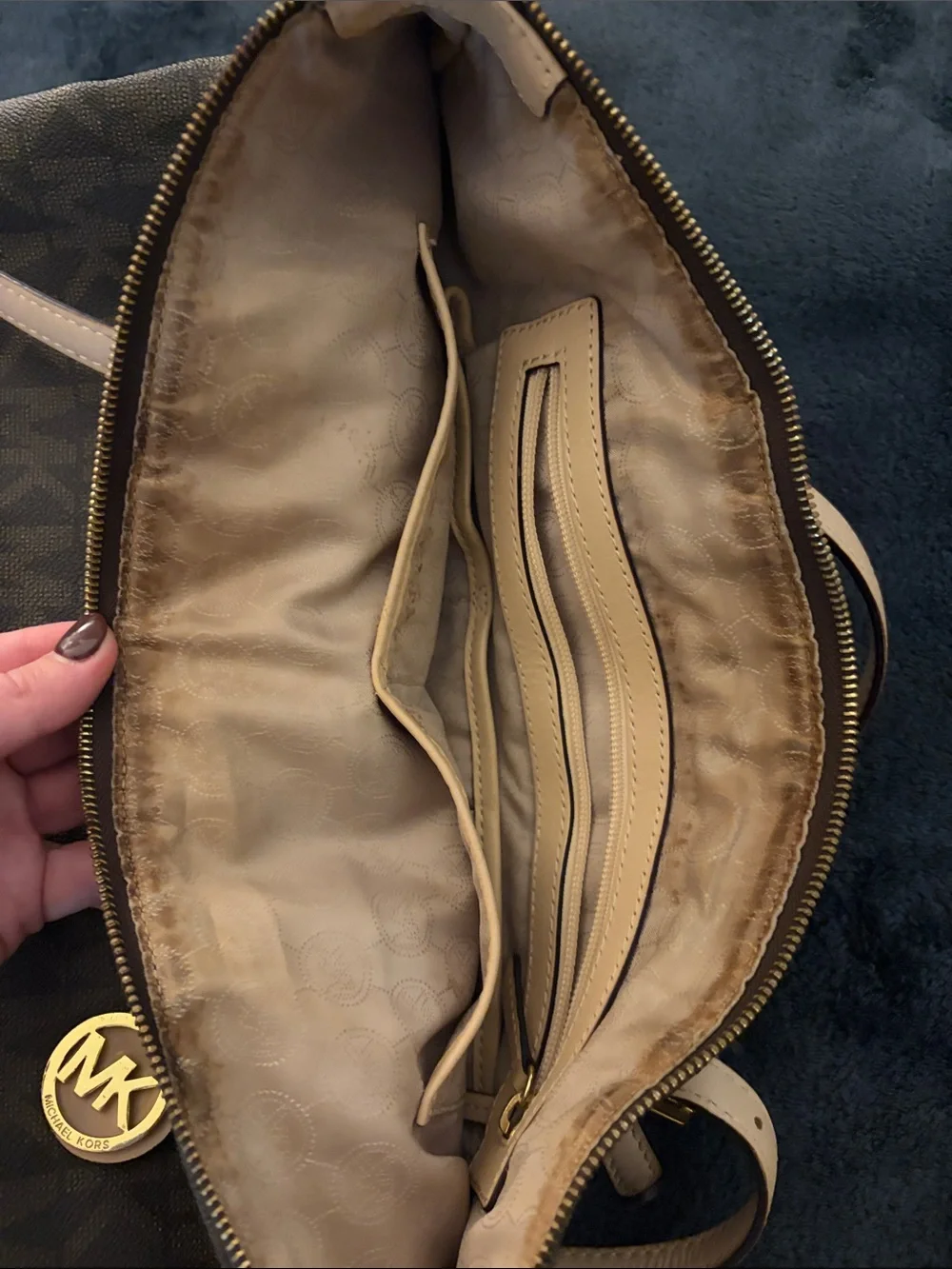 Michael Kors Brown MK Signature Tote with Pale Pink Handles and Gold Charm